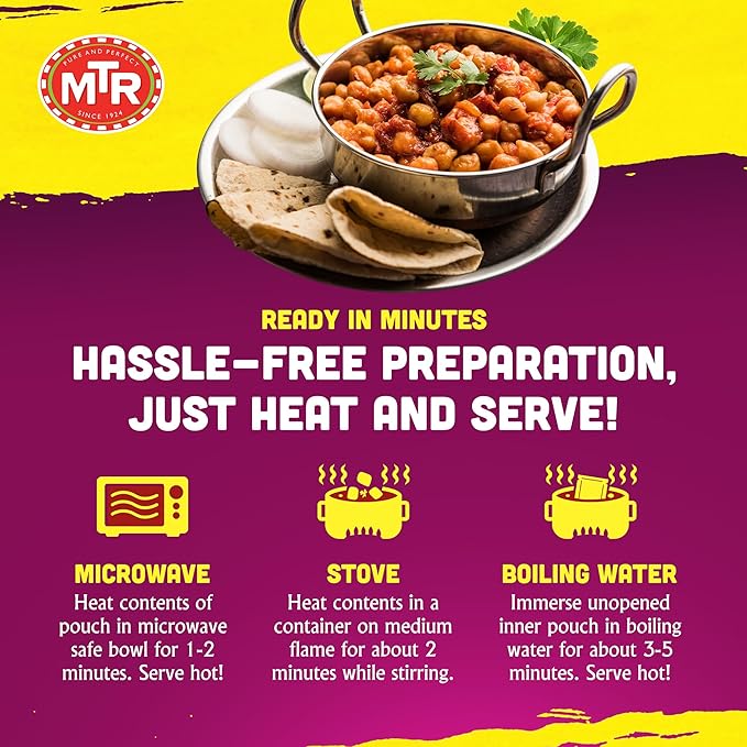 MTR - Minute Meals: Chana Masala - Savory Chickpeas in Spiced Gravy - Authentic Indian Ready-to-Eat Meal - No Added Preservatives - A Quick Meal Suitable for Vegetarians, Ready in Minutes! (Pack of 6)