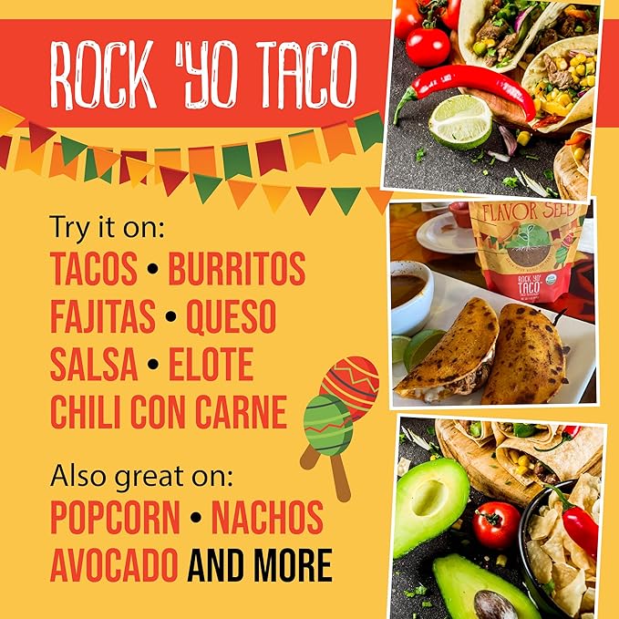 Flavor Seed Rock Yo Taco, Gluten Free Organic Taco Seasoning Mix, Low Sodium Mexican Spice Blend for Cooking, Dips & Popcorn Topping, No Sugar, Zero Calorie, Mild & Keto Friendly, 2.6 oz Shaker Jar