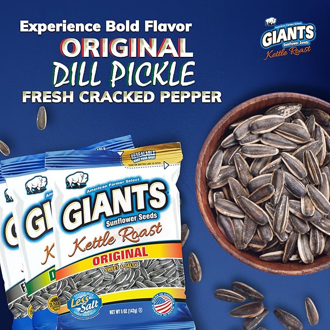 GIANTS Sunflower Seeds Variety Pack - Flavored Sunflower Seeds to Eat, Dill Pickle Sunflower Seeds, Cracked Pepper, Sweet & Salty, 8g Protein Per Serving - 5 oz Resealable Bags (Pack of 3)