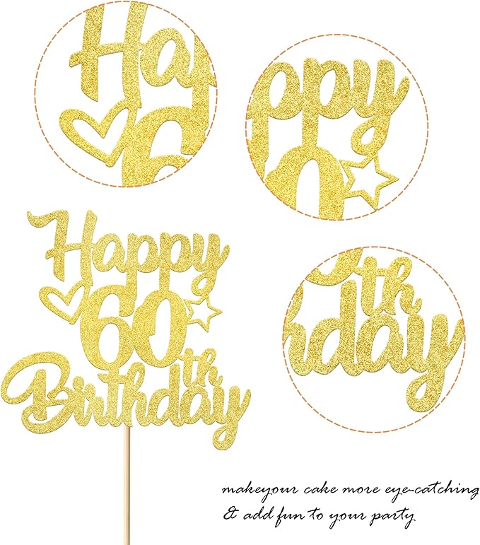 1 Pack Happy 60th Birthday Cake Topper Glitter Heart Star 60 Fabulous Cake Pick Birthday Sign Cake Decorations for Children 60th Birthday Theme Party Supplies Gold