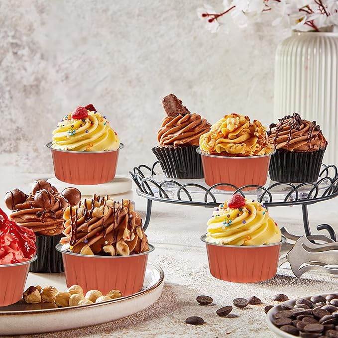 100 Pcs Aluminum Foil Baking Cups with Lids,5oz Cupcake Liners Dessert Cups,Disposable Ramekins Mini Cake Containers Tin Mini Muffin Liners for Wedding Christmas Party (Rose gold)