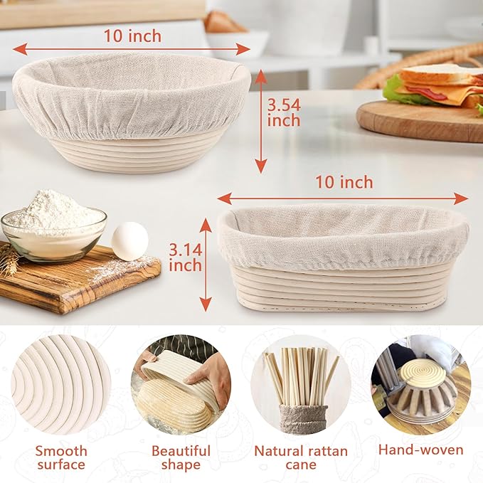 Sourdough Bread Baking Supplies, Sourdough Starter Kit for Bread Making Includes 10" Round & Oval Banneton Bread Proofing Basket with Liners Sourdough Kit for Making Baking Fermentation