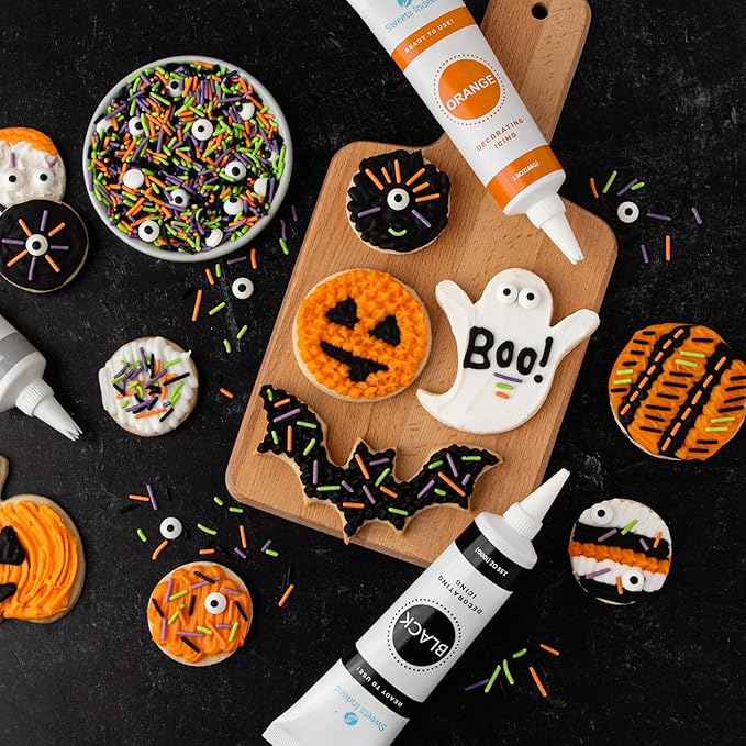 Halloween Frosting Kit with Sprinkles & Eyeballs ??11.31 oz Decorating Set with 3 Frosting Tubes (Orange, Black, White), 4 Nozzles & 2 oz Sprinkle Mix ??Cookie & Cupcake Kit for Kids & Families