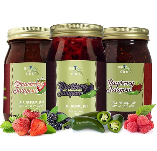 Green Jay Gourmet Spicy Jam Variety Pack - All-Natural Raspberry Jalapeno Jam, Strawberry Jalapeno Jam, Blackberry Jalapeno Jam - Vegan, Gluten-free Jam - No Preservatives - USA Made - 3 x 20 Ounces