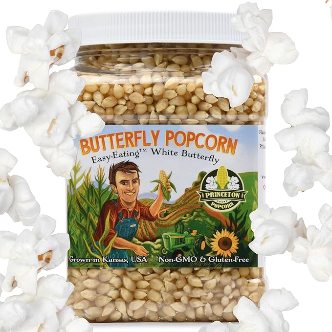 Princeton Popcorn White Butterfly Hulless Popcorn Kernels - Easy-Eating, Baby Small Tender Popping Corn, Non-GMO Popcorn Kernels, No Hulls, No Roundup, Direct from Farmer, Microwave Air Popper or Stovetop 32oz Jar