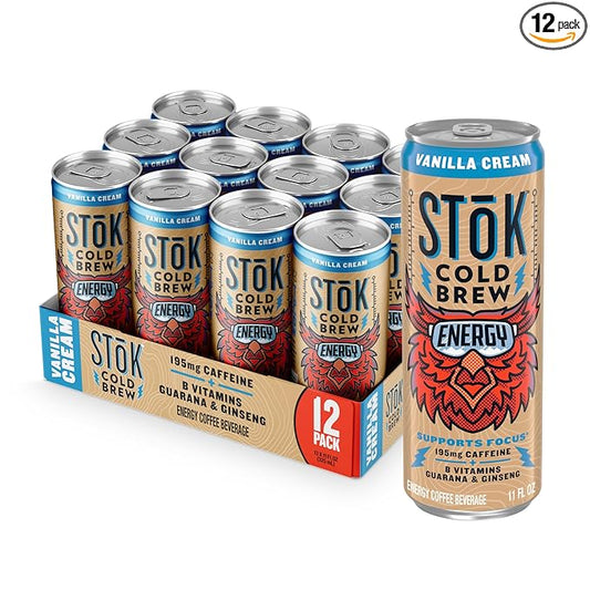 SToK Cold Brew Energy Vanilla Cream, Energy Coffee Beverage with 195mg Caffeine to Help Support Focus, Canned Coffee with B-Vitamins, Guarana and Ginseng,11 fl oz, 12pk