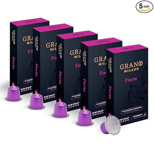 New Grano Milano Forte Coffee Capsules - 50 Aluminum Coffee Pods Compatible with Nespresso Original line, Dark Roast - Intensity 9/12, Made in Italy