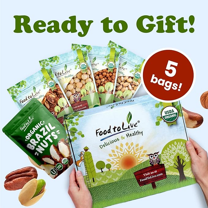 Food to Live - Organic Delicious Nuts in a Gift Box - A Variety Pack of Pecans, Hazelnuts, Brazil Nuts, Macadamia Nuts, and Roasted & Salted Pistachios