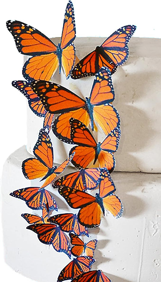 NEW - Edible Butterflies Assorted Set of 15 - Wafer Cake & Cupcake Toppers - edible butterflies for cake decorating - butterfly decorations (Orange Monarch)