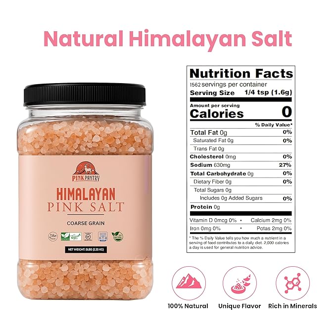 Pink Pantry Himalayan Pink Salt, 100% Pure Himalayan Salt, Non-GMO, Kosher Certified, No Additives, Ideal for Cooking, Seasoning & Gourmet Dishes, Rich in Trace Minerals, 5lb Jar, Coarse Grain