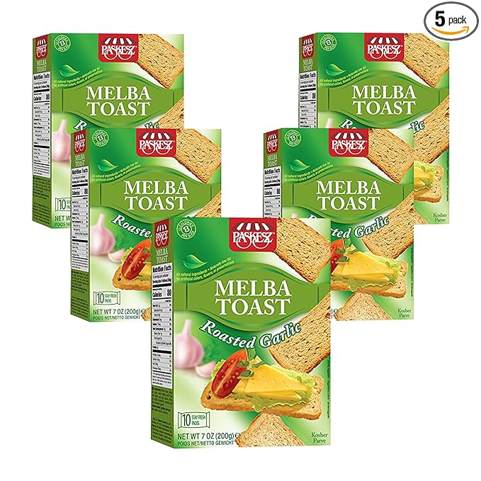 Only Kosher Candy Melba Toast Flatbread Crackers Classic Roasted Garlic Kosher Parve with No Artificial Flavor, Fresh Natural Ingredients, Kosher Certified Delicious Snack Crackers (Pack of 5)