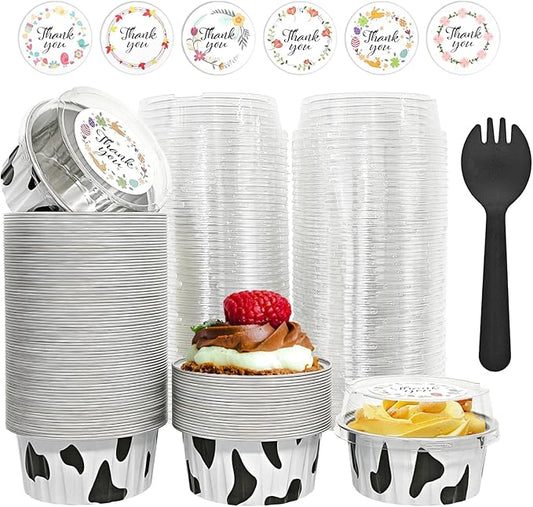 100 Pcs Aluminum Foil Baking Cups with Lids,5oz cupcake liners with lids,Disposable Ramekins Mini Cake Containers Tin Mini Muffin Liners for Wedding Christmas Party (Cow Print)