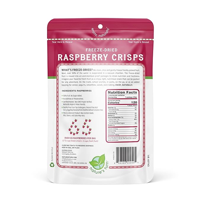 Nature's Turn Freeze-Dried Fruit Snacks, Raspberry Crisps, Pack of 6 (1.2 oz Each)