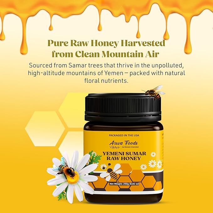 Arwa Foods Yemeni Al-Samar Raw Honey - Royal Yemeni Raw Organic honey from Wadi of Douan - 100% Unfiltered, Raw & Pure Honey for Men and Women - Sealed & Packaged in USA (8.82 oz)