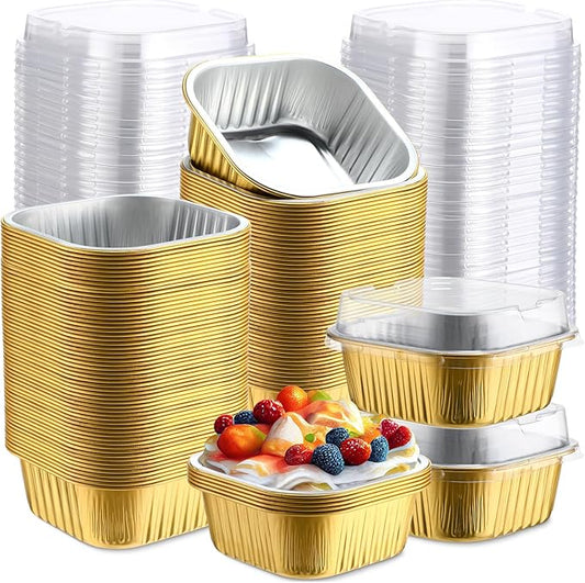 Aoriher 300 Pieces 10 oz Mini Cake Pans with Lids, Aluminum Foil Baking Cups, Square Disposable Cupcake Cups Baking Tins for Wedding Birthday Party Supplies(Yellow, Silver)