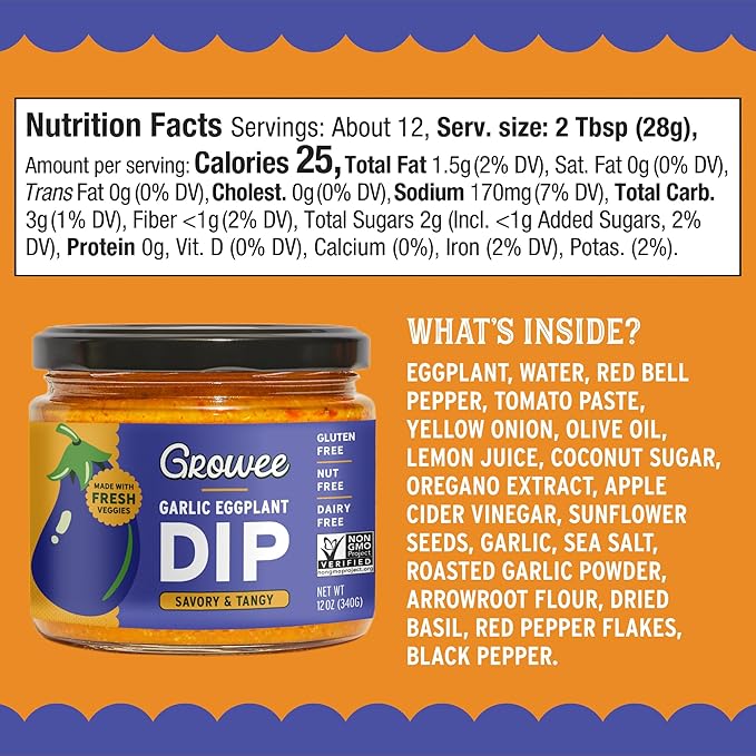 Growee Vegan Garlic Eggplant Dip (2 Pack) ??Plant-Based Queso & Mayo Alternative ??Nut-Free, Gluten-Free & Dairy-Free Spread ??Clean Ingredients Dressing & Sauce for Pizza, Pasta & Risotto