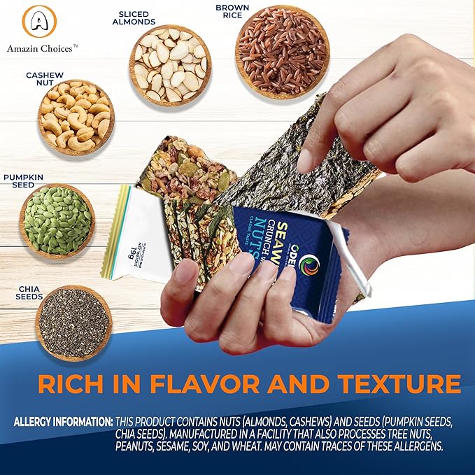 Seaweed Crunch with Nuts Classic Taste. Seaweed Snack Bars with Cashews, Almonds & Pumpkin Seeds by Amazin Choices. Premium Snack, Vegan, Snack Strips, Asian Chips Variety Pack, Seaweed Sheets, Sandwich Seaweed - 32.1oz - Box of 3 (48 counts )