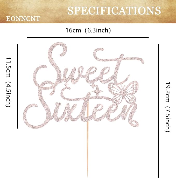 Sweet Sixteen Cake Topper - Rose Gold Glitter Butterfly Theme Sweet 16 Birthday Cake Decorating Supplies for Girls, Sweet 16 Cake Topper for Happy 16th Birthday Party Supplies Photo Booth Props