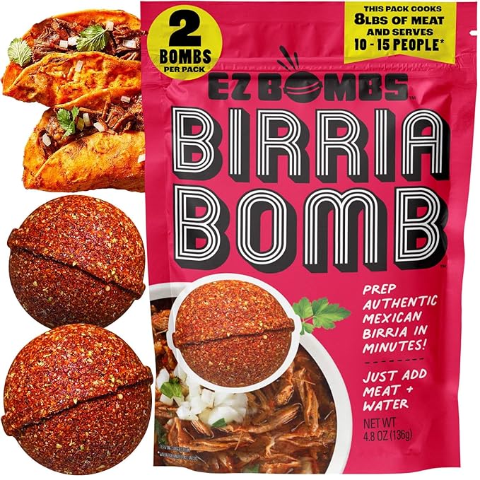 EZ Bombs Birria Bomb Seasoning, Pack of 2 – Authentic Mexican Spice Mix for Tacos, Burritos, Nachos, and Quesadillas – Made with Real Chiles, Herbs, and Spices for Quick and Flavorful Meals