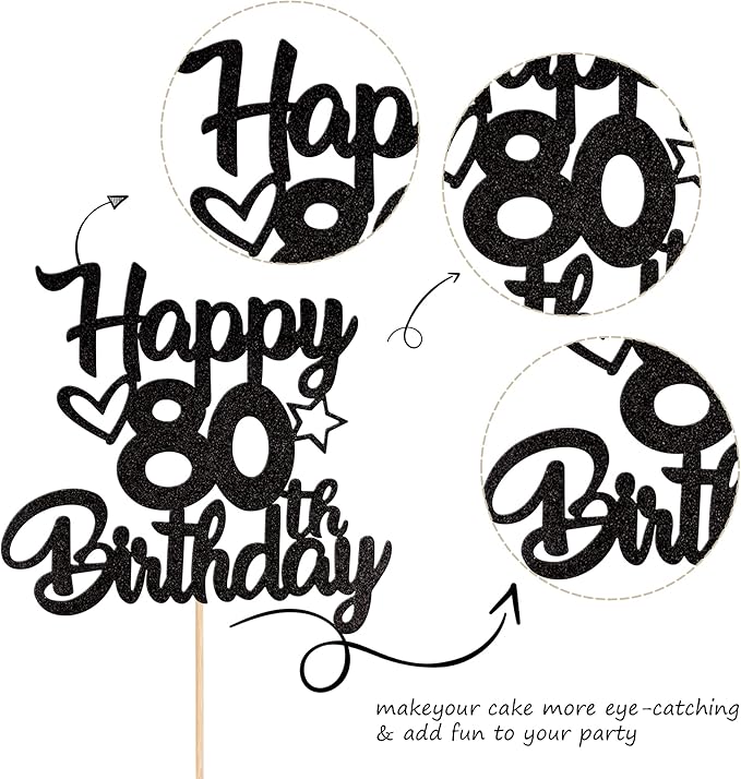 1 Pack Happy 80th Birthday Cake Topper Glitter Heart Star 80 Fabulous Cake Pick Birthday Sign Cake Decorations for 80th Birthday Theme Party Supplies Black