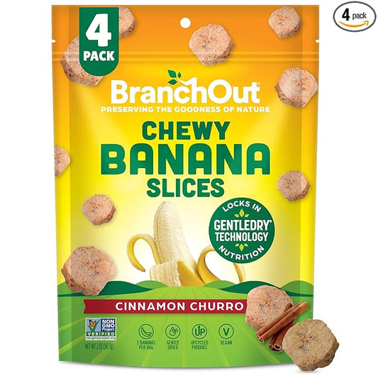 BranchOut Cinnamon Churro Banana Slices, Chewy & Full of Flavor, GentleDry, Better than Freeze Dried Banana Chips, Delicious Vegan Fruit Snacks for Kids & Adults, 2 oz Snack Size (Pack of 4)