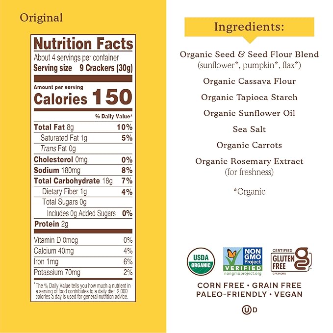 Simple Mills Organic Seed Crackers, Original - Gluten Free, Vegan, Healthy Snacks, Paleo Friendly, 4.25 Ounce (Pack of 6)