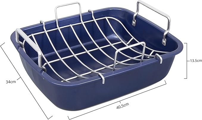 Zyliss E980206 Non-Stick Roasting Tin with Rack, Carbon Steel, Dark Blue, Roast Pan/Baking Trays for Oven/Bakeware Tray, Dishwasher Safe
