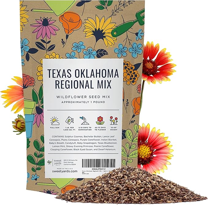 Texas Oklahoma Regional Mix Seeds for Planting - Bulk 1 Pound Bag - Over 240,000 Native Seeds - Open Pollinated and Non GMO