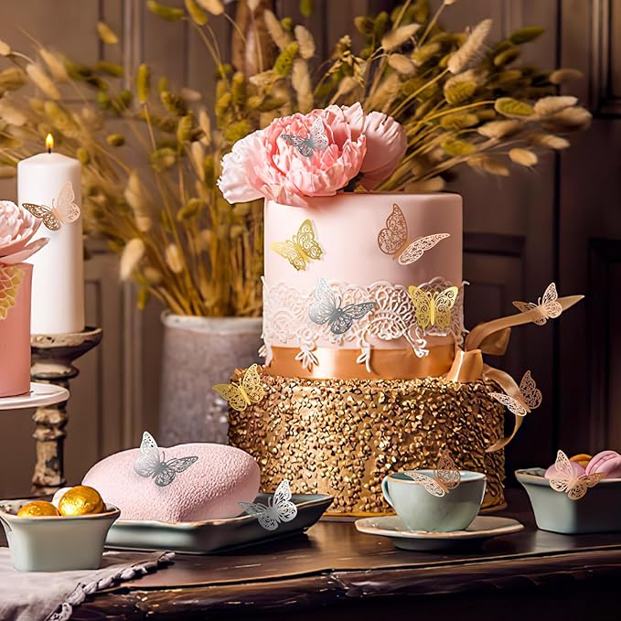 Crosize 72 Pcs Butterfly Decorations, 3 Sizes 3 Styles, 3D Butterfly Wall Decor, Butterfly Party Decorations, Birthday Decorations, Butterflies for Crafts, Cake Decorating(Rose Gold & Gold & Silver)