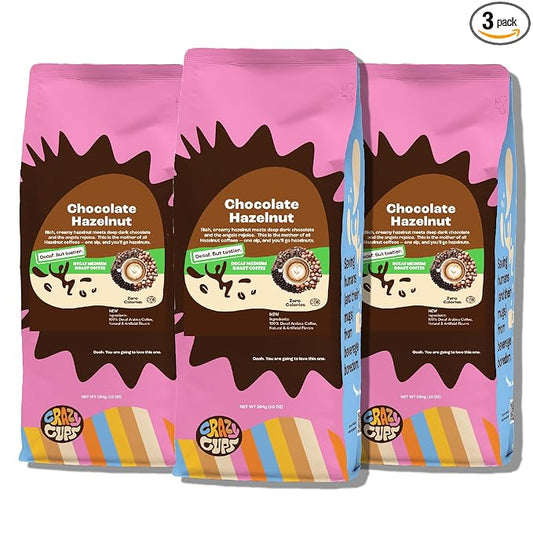 Crazy Cups Flavored Decaf Ground coffee, Hazelnut Coffee Flavored Ground Coffee, Decaffeinated Coffee For Brewing Decaf Coffee Ground Hot or Iced 10 oz Bags 3 Count Value Pack