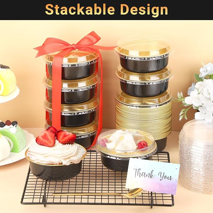 Beasea Disposable Ramekins with Lids, 50 Pack 8.8oz 260ml 4 Inch Disposable Aluminum Foil Cups Round Cupcake Mini Pudding Baking Cups for Party - Black Gold
