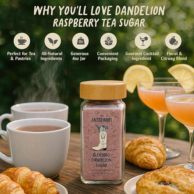 The Salted Roots Bluebird Dandelion Sugar - Floral, Sweet & Citrusy with Blue Tea, Rosehips & Raspberries - Gourmet Sugar for Tea, Pastries & Cocktails – 4oz Jar