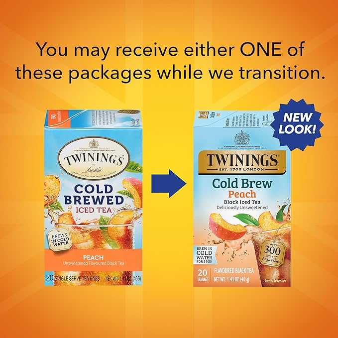 Twinings Peach Cold Brew Iced Tea Bags, 20 Count (Pack of 1), Unsweetened Flavoured Black Tea, Caffeinated, 20 Teabags