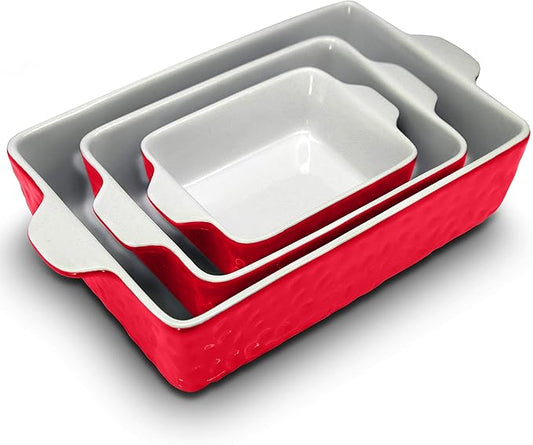 NutriChef 3-Piece Ceramic Casserole Dish for Oven - Premium Lasagna Baking Pans w/ Nonstick Coating & Built-In Handles - Dishwasher & Microwave Safe - 14" x 8", 10" x 6", 7" x 5" - Red
