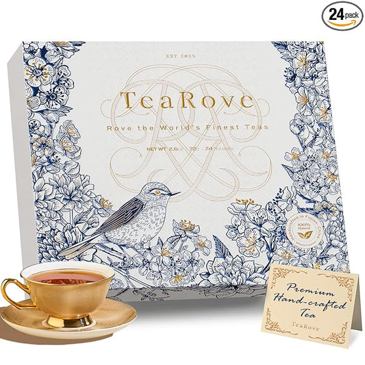 TeaRove Assorted Tea Gift Box - Toile de Jouy Bird Collection, Chinese Whole-Leaf Tea Smapler Variety Pack, Black, Oolong, Jasmine Green & Herbal Teas, Hot or Iced, Self Care Gifts for Teas Lovers