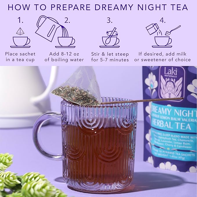 Dreamy Night Sleep Tea (1.65 oz, Pack of 18 Tea Bags) ??Sleepytime Calming Caffeine Free Tea Herbal Blend with Valerian Root, Chamomile, Lemon Balm, Passionflower and Lavender for Bedtime