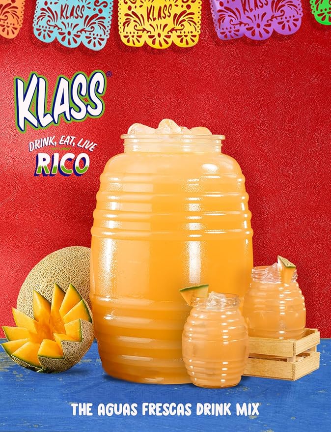 Klass Aguas Frescas | Drink Mix Tropical Variety Pack | Watermelon, Cantaloupe, Mango & Pineapple Drinks Flavors | From Natural Sources, No Artificial Flavors, With Vitamin C (Makes 7 to 9 Quarts) 14.1 Oz Family Pack (4-Pack)