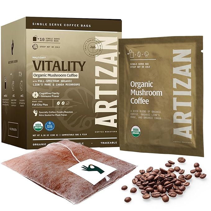 Artizan Organic Single-Serve Mushroom Coffee Bags – Lion’s Mane + Chaga | Half Caff | Full City Plus Roast | 20 Count | No Equipment Needed | Specialty-Grade Craft Roasted, Nitro-Sealed, Compostable