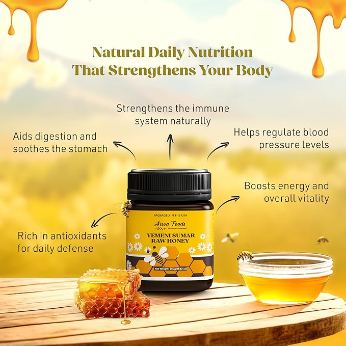 Arwa Foods Yemeni Al-Samar Raw Honey - Royal Yemeni Raw Organic honey from Wadi of Douan - 100% Unfiltered, Raw & Pure Honey for Men and Women - Sealed & Packaged in USA (8.82 oz)