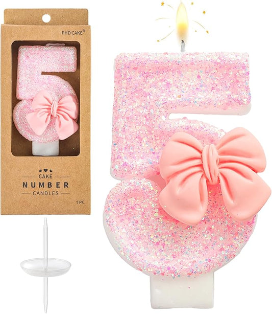 PHD CAKE Number 5 Pink Bowknot Birthday Candles, Cute Themed Number Candles, Party Celebration