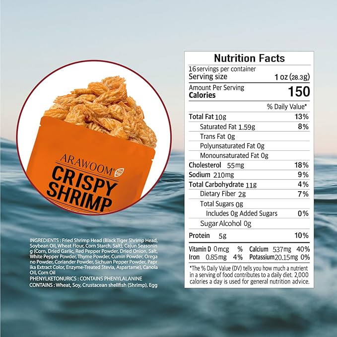 ARAWOOM - 100% Real Black Tiger Shrimp Head Crisps, Cajun Pack [16oz, Pack of 1], Crispy Seafood Snack, High-Protein Crunch, Crunchy On-the-Go Treat