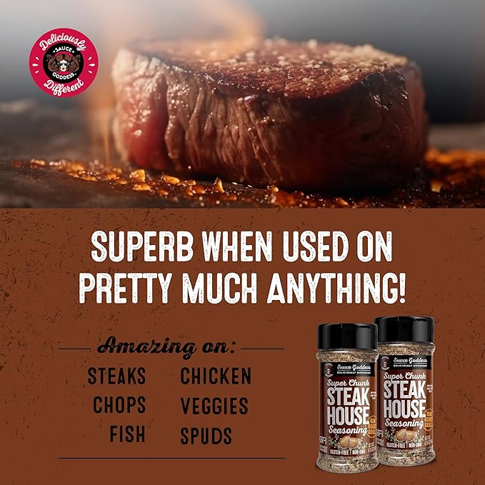 Sauce Goddess Super Chunk Steakhouse Spice Shaker (2-Pack) - Versatile, Delicious Steak Seasoning, BBQ Rub for Chops, Chicken and Veggies! Gluten-Free, Vegan, and No Sugar