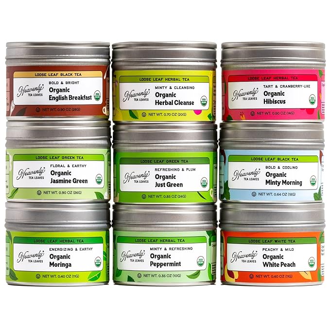 Heavenly Tea Leaves Organic 9 Flavor Variety Pack, Loose Leaf Tea Sampler Gift Set (Approx. 90 Cups) – Assortment of Green, Herbal, Black & White Teas – Hot or Iced, High to No Caffeine, Premium Gift Box