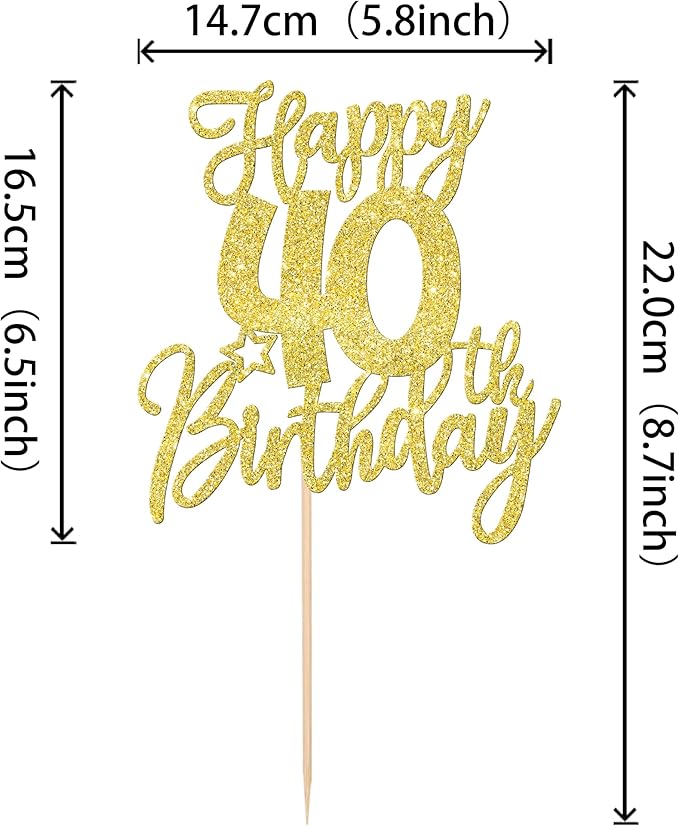 1 PCS Happy 40th Birthday Cake Topper Glitter Cheers to 40 Years Birthday Cake Pick Forty Hello 40 Fabulous Cake Decoration for Happy 40th Birthday Anniversary Party Decorations Supplies Gold