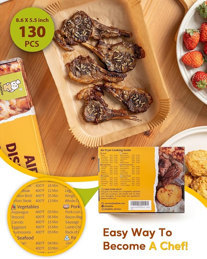 Katbite Air Fryer Liners Disposable - 8.6x5.5'' 130PCS Rectangle Paper Liners, Thick Airfryer Parchment Paper Liners for Dual Air Fryer, DZ201, DZ401, FG551