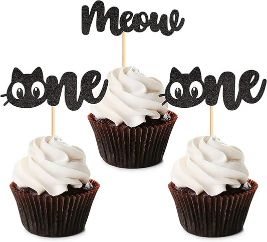24Pcs Cat One Cupcake Toppers Black Glitter Meow Kitten First Birthday Cupcake Picks for Cat Lover Kitten Theme Baby Shower Kids 1st Birthday Wedding Party Supplies