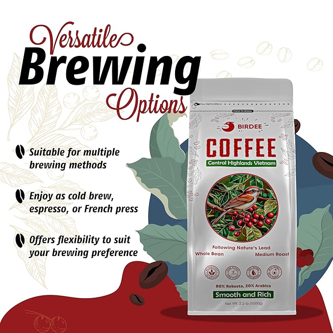 Birdee Vietnamese Coffee ??2.2 LB, Medium Roast Whole Bean, Arabica and Robusta Blend, Hand-Picked, Resealable Bag, Smooth Flavor, Low Acid, High Caffeine, Single-Origin