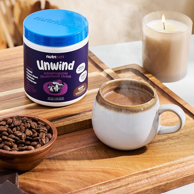 Nutricost Nutrizen PM Unwind Adaptogenic Mushroom Drink (Mocha Flavored) 30 Servings - Includes Reishi, Lion's Mane, Shiitake, Cordyceps