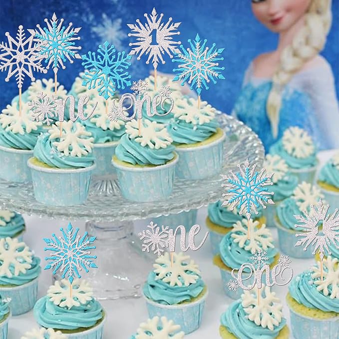 28 PCS One Snowflake Cupcake Toppers Glitter Winter Snowflake 1st Birthday Cupcake Picks First Birthday Snowflake Cake Decorations for Winter Wonderland Theme Baby Shower 1st Birthday Party Supplies
