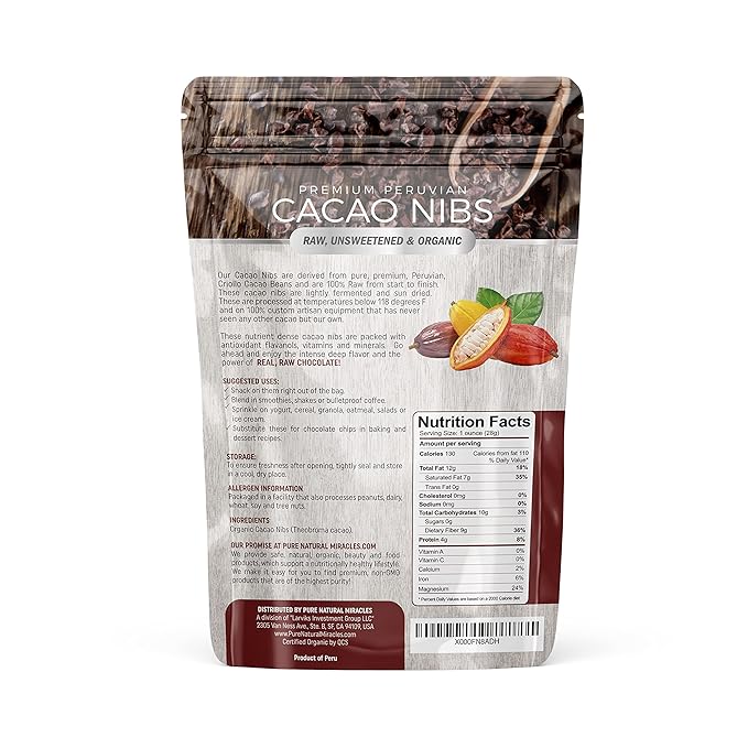 Cacao Nibs Organic - 100% Dark Chocolate Chips - Raw, Unsweetened Cocoa Pieces - 16 Oz - Keto and Vegan Superfood - Healthy Sugar Free Snack or Add to Smoothies or Baking by Pure Natural Miracles